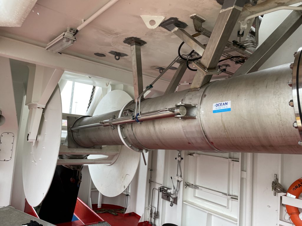 A large diameter retractable fish suction connector onboard the modern pelagic trawler F/V Grateful.